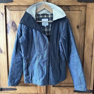 Bench Jacket with Faux Sherpa Collar Full Zip Jacket Denim Look Quilted - Small